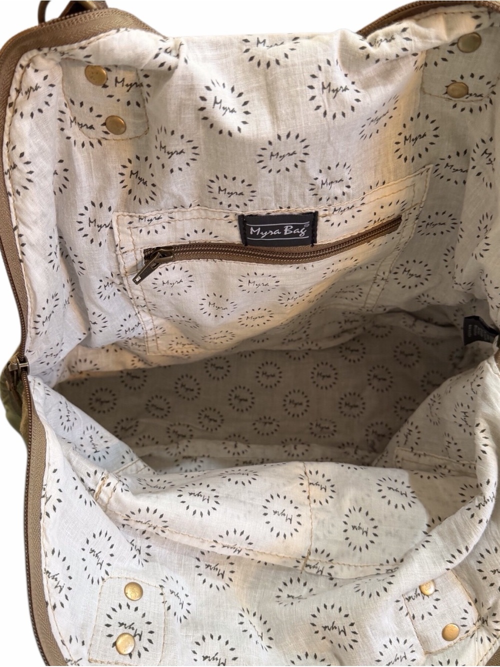 Myra Bag Canvas & Leather Convertible Tote Crossbody Olive Green Vintage Print - Picture 7 of 11